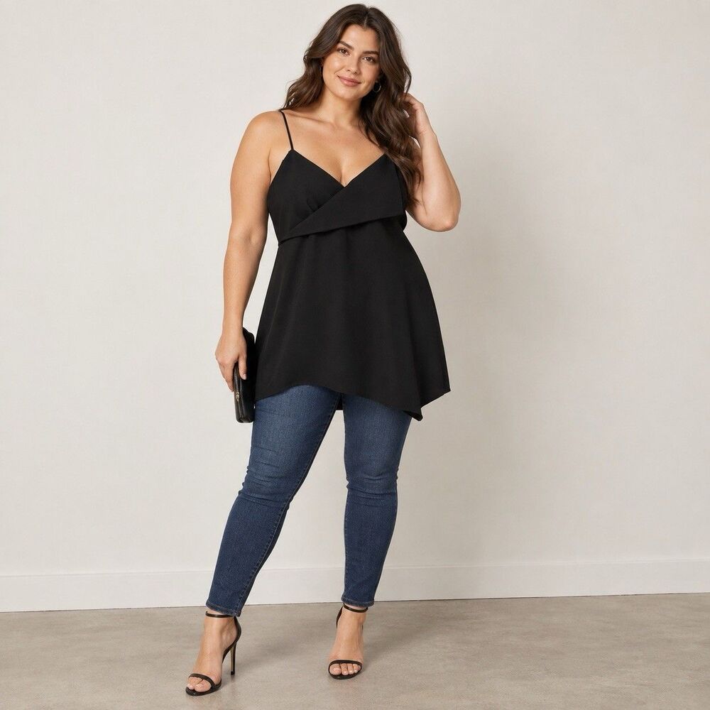 Zara Black Strappy Tunic Top XL Asymmetrical Layered Neck Sleeveless Long Cami